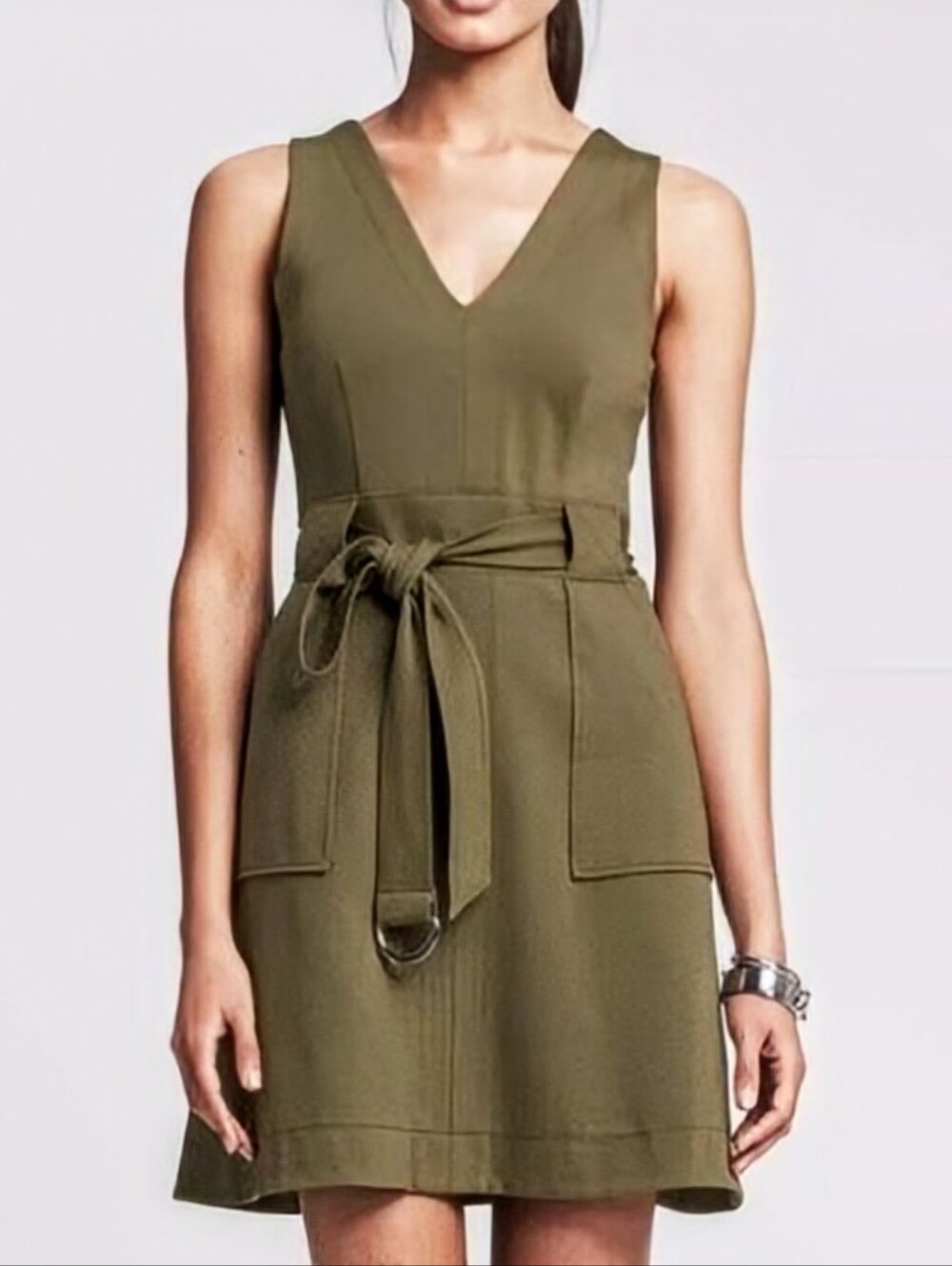 Banana Republic Olive Green V-Neck Belted A-line Mini Dress